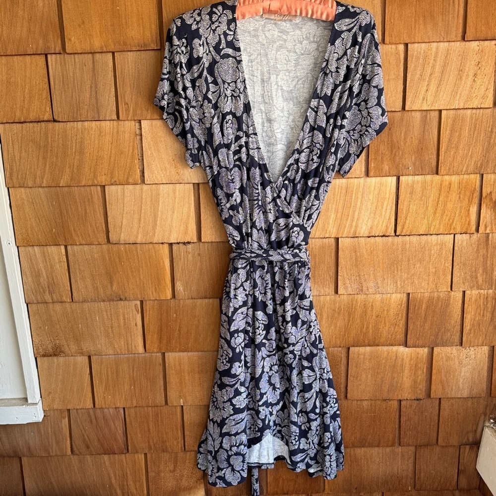 LOFT Navy and Cream Floral Wrap Dress